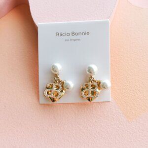 Alicia Bonnie - Sweet Embrace Pearl White Crystal Gold Charm Earrings - NEW
